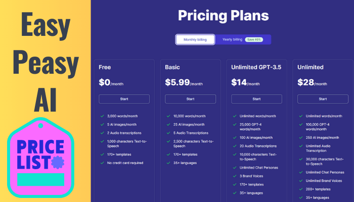 Easy-Peasy AI Pricing