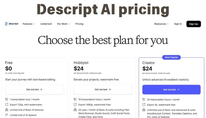 Descript AI Pricing